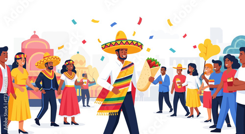Celebrating Cinco de Mayo festivities with cultural parade and traditional food vibrant illustration