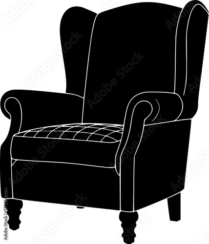 Classic wingback armchair silhouette with plaid detail isolated on white background