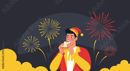 Celebrating a festive occasion with food and fireworks creating a cheerful scene with happy vibes