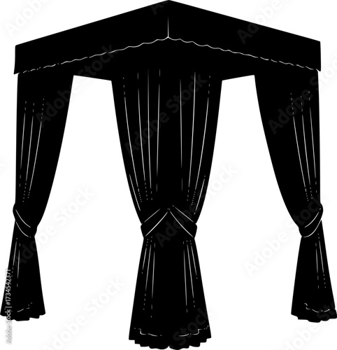 Elegant four poster bed canopy silhouette with drapes isolated on white background