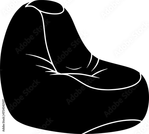 Black bean bag chair silhouette with white outlines isolated on white background
