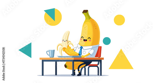 Cheerful banana cartoon character at office desk enjoying healthy snack break time