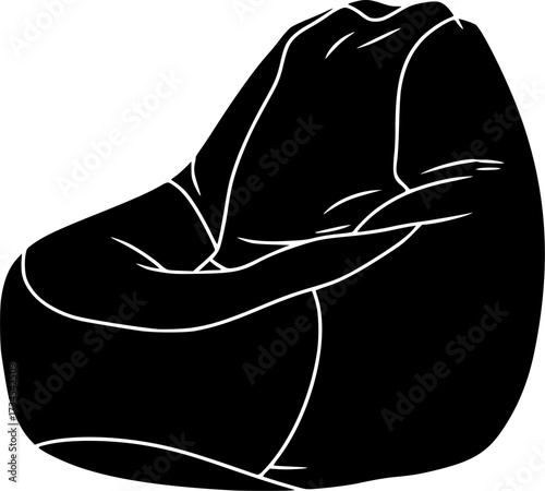 Black bean bag chair silhouette with white outlines isolated on white background
