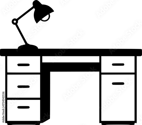A simple line art silhouette of a desk with drawers and a desk lamp isolated on white background