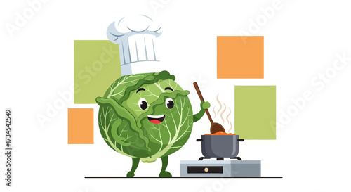 Cheerful cabbage chef cooks a delicious meal in a pot with a wooden spoon, creating a fun and