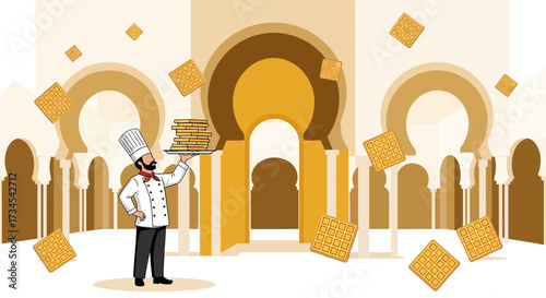 Cheerful chef serving waffles in a golden arabesque palace, a delectable culinary experience