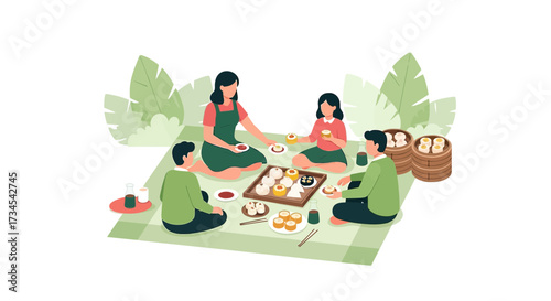 Cheerful family enjoying a dumpling picnic outdoors in a serene garden setting illustration