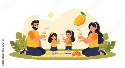 Cheerful family enjoying a picnic with fresh mango juice in a vibrant outdoor setting illustration