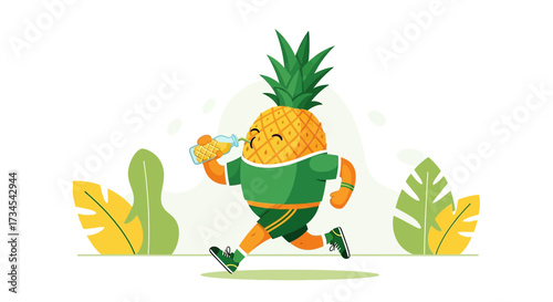 Cheerful pineapple character jogging and hydrating with fresh juice illustration