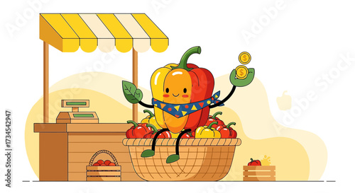 Cheerful pepper character selling fresh produce at a farmers market illustration