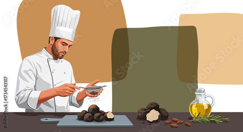 Chef preparing truffles with olive oil and almonds, luxury cuisine illustration