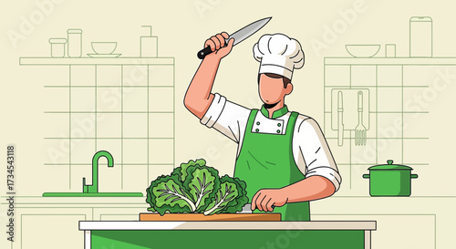 Chef preparing healthy salad in a kitchen setting with fresh ingredients and utensils illustration