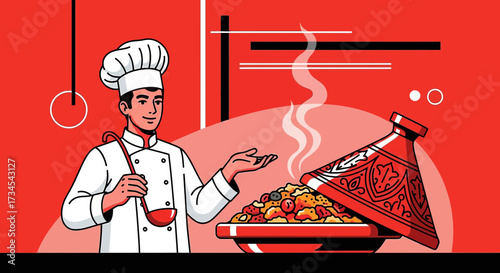 Chef presenting a traditional moroccan tagine dish illustration with steam effect showcasing
