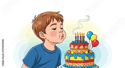 Illustration of birthday celebration with boy blowing out candles on a layered cake and balloons party time