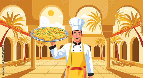 Chef presenting traditional Middle Eastern food in a beautiful courtyard setting, perfect for