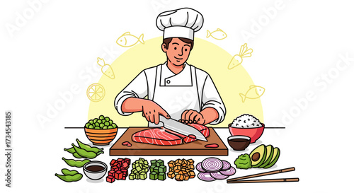Chef preparing fresh sushi ingredients cutting tuna fish for delicious japanese cuisine recipe art