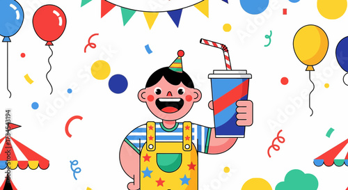 Colorful and joyous birthday celebration with a cheerful clown and festive decorations