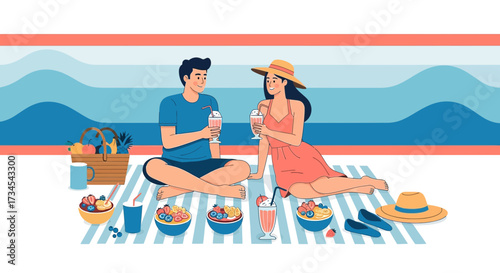 Couple enjoying a beach picnic with smoothies and fruit bowls illustration scene