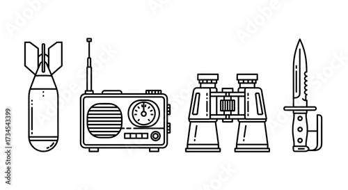 Military equipment vector illustration featuring bomb radio binoculars and knife line art design isolated