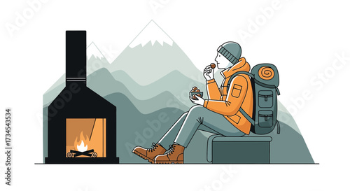 Cozy mountain retreat, traveler relaxing by fireplace with scenic mountain backdrop, illustration