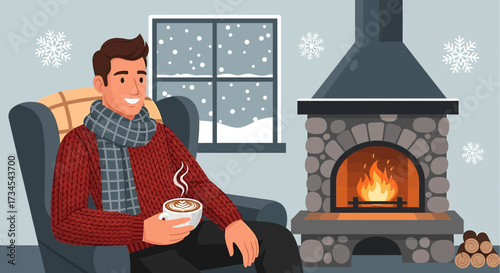 Cozy winter scene: Man relaxing by the fireplace with a hot drink and snowflakes falling outside