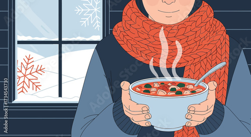 Cozy winter scene of a person enjoying a warm soup indoors with snowy window view