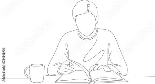 Minimalist Line Art Reading Man with Coffee Mug Illustration