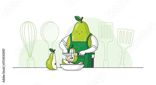 Cute Pear Character Cooking Cartoon Illustration in Kitchen with Cooking Utensils