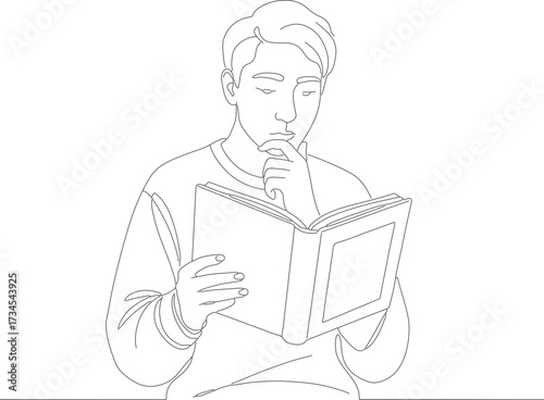 Simple Outline Illustration of Man Reading a Book in Monochrome