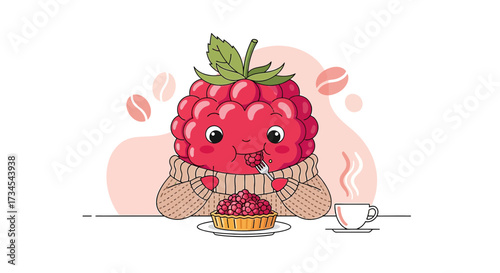 Cute raspberry character enjoying a tart and coffee in a cozy cartoon illustration