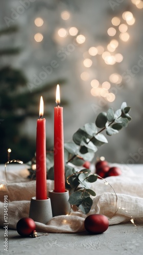Two red candles flicker beside eucalyptus leaves and Christmas ornaments in a soft, glowing scene. The cozy holiday setup features festive bokeh and warm candlelight.