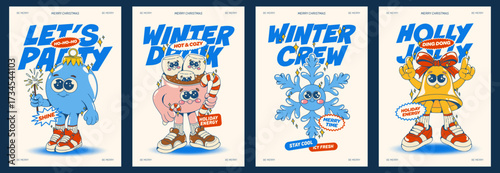 Contemporary Groovy retro holiday poster set with Christmas ornament ball, cocoa with marshmallows, snowflake and jingle bell in cute vintage mascot art. Cute xmas card.