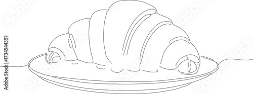 Line Drawing Croissant on Plate Bakery Pastry Food Breakfast Illustration