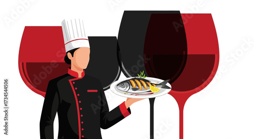 Elegant Illustration of a Chef Serving Fish Dish with Wine Glasses Backdrop showing culinary