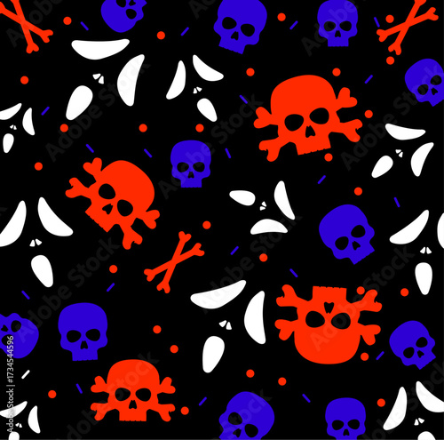 Skulls seamless pattern, vector background with crazy sculls for Hard Rock and Rock N Roll subculture prints textile, hazard and danger, horror and death theme.