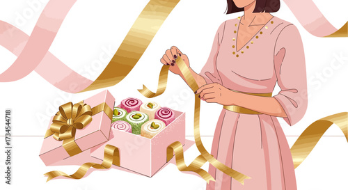 Elegant woman presenting a box of Turkish delight with decorative ribbons celebration
