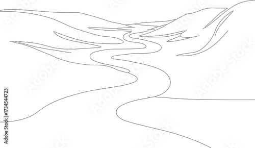 Simple Outline Winding River Landscape Drawing with Mountain Background Illustration