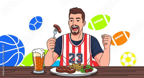 Enthusiastic cartoon man celebrating sports with beer and food feast during a game celebration