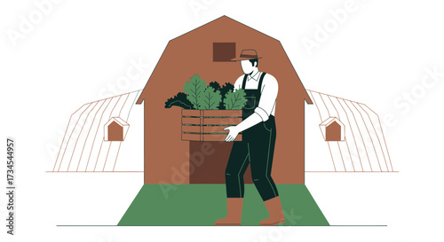Farmer harvesting organic vegetables in a crate in front of a traditional barn illustration