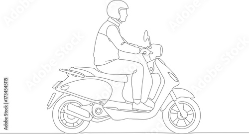 Simple Outline Lineart Scooter Illustration with Rider Wearing Helmet