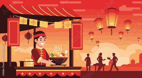 Festive chinese new year celebration with food stall lanterns and joyful atmosphere vibrant and