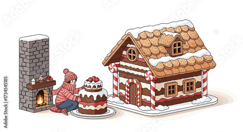 Festive Christmas illustration of a gingerbread house, a fireplace and a girl decorating a cake