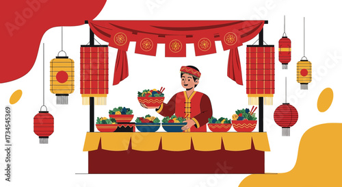Festive food vendor at traditional chinese market surrounded by colorful lanterns