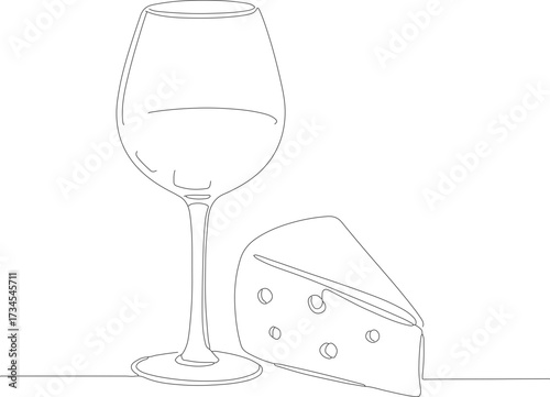 Minimalist Outline Wine Glass and Cheese Slice Still Life Illustration