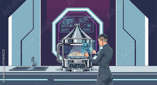 Futuristic kitchen scene with advanced cooking technology and person interacting with food