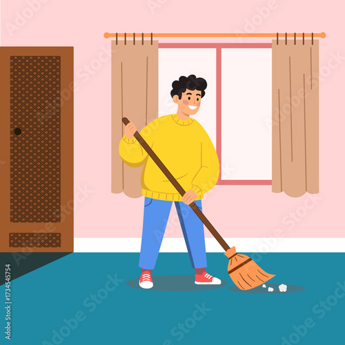A cheerful individual sweeps a room with a broom, maintaining cleanliness and tidiness, symbolizing domestic tasks and responsibility