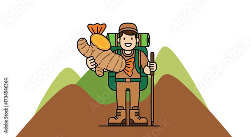Happy hiker carrying a giant turmeric root in a mountain landscape illustration