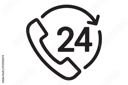 Icon representing 24 hour customer service and support with a phone symbol isolated on white background
