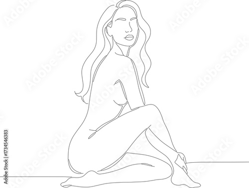 Minimalist Outline Drawing of a Beautiful Woman Sitting Elegantly Illustration