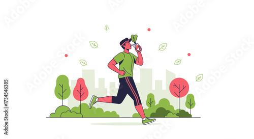 Healthy lifestyle concept: Man running while drinking smoothie in city park